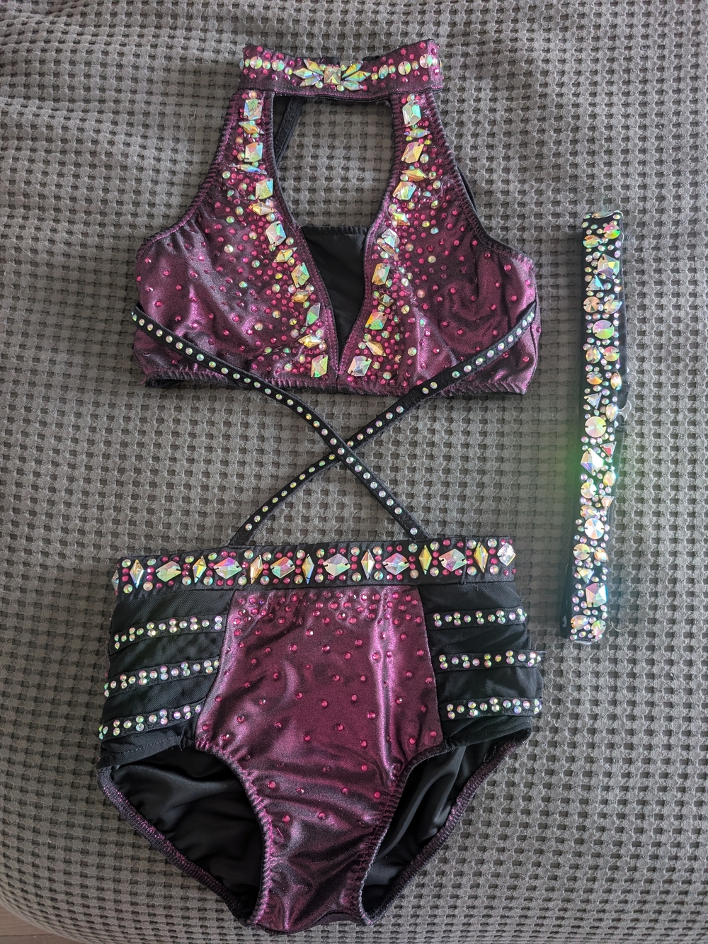 Glamour Burgundy and Black Girls' Rhinestone Two-Piece Swim Set
